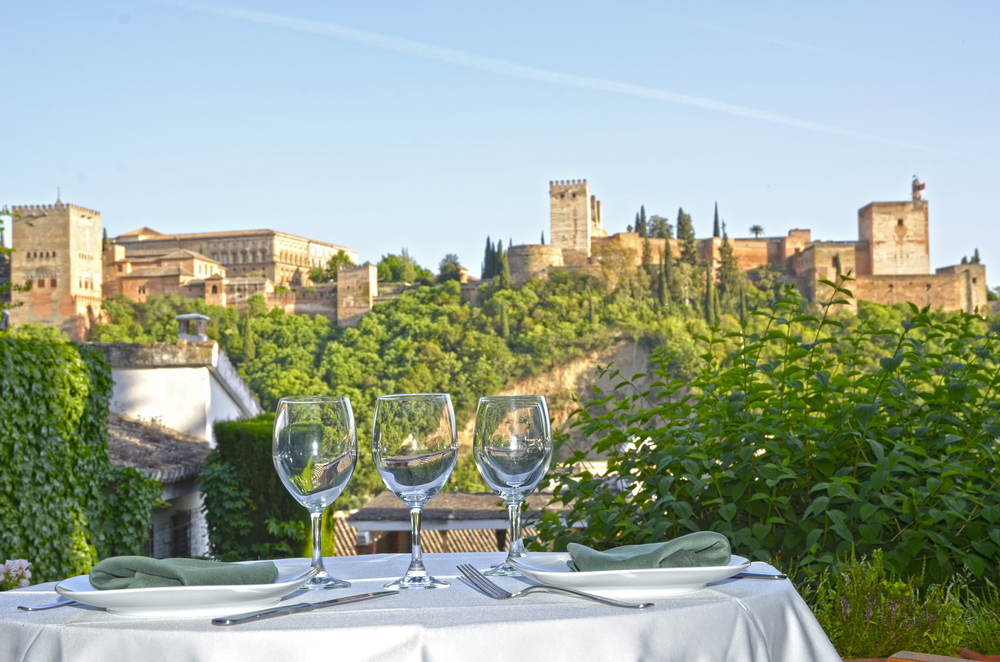 Lunch enjoying the sights over the Alhambra, Granada