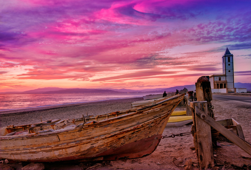 Las Salinas beach with Church of Las Salinas