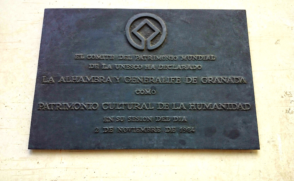 Plaque declaring the Alhambra is a World Heritage Site