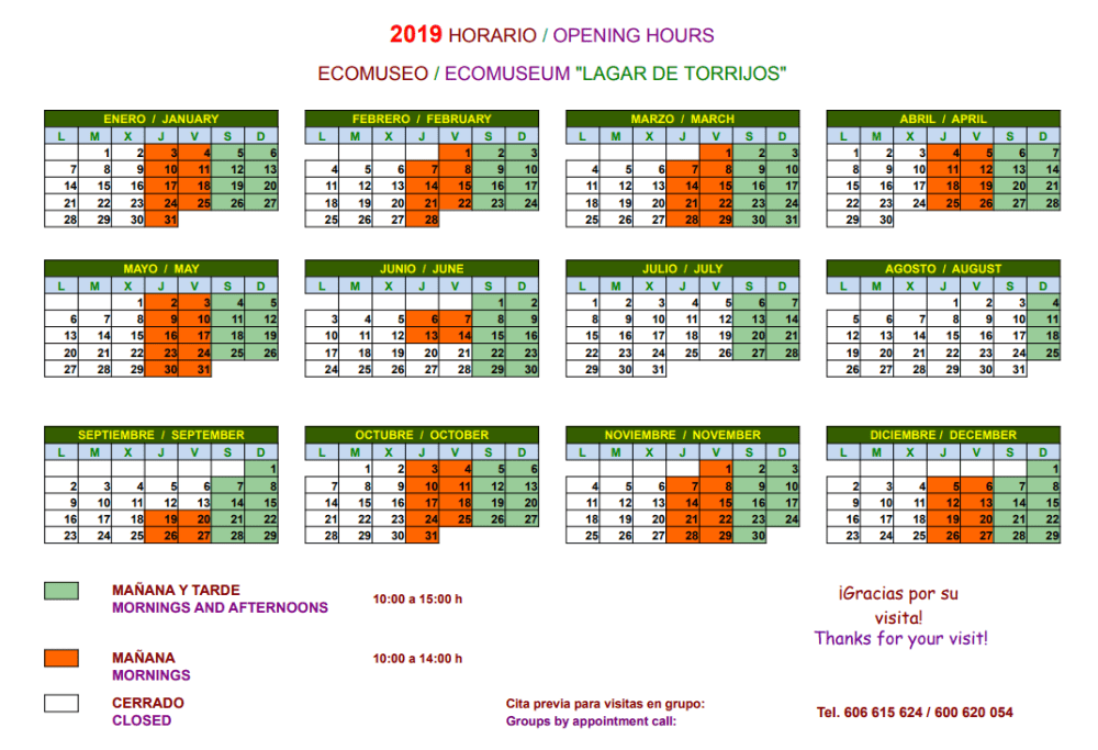 2019 Opening hours Ecomuseo Lagar de Torrijos in Montes de Malaga Natural Park