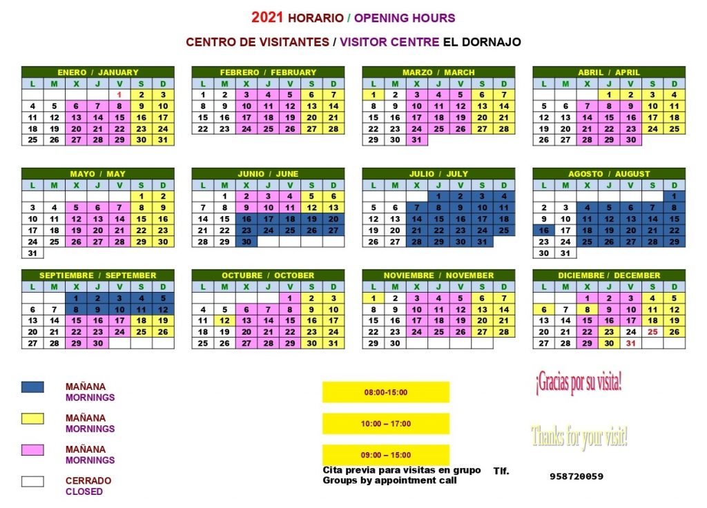 2021 Opening hours of Visitors Centre El Dornajo in the Sierra Nevada National Park