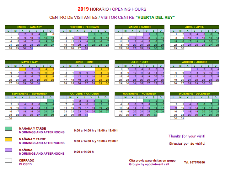 2019 Opening hours of Visitors Centre Huerta del Rey in Hornachuelos