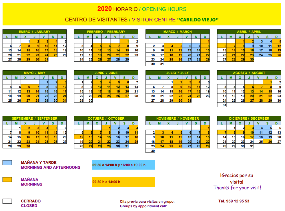 2020 Opening hours of the Cabildo Viejo Interpreation Centre in Aracena 