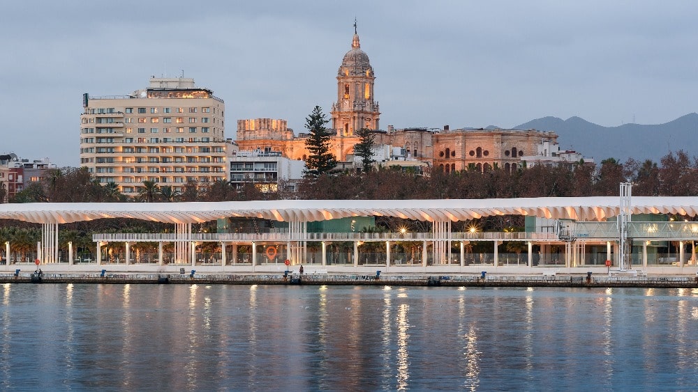 Evening view of the Muelle Uno in Malaga